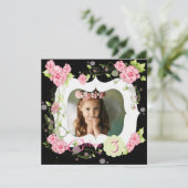 Zwart Roze Rose Meisjes Foto 3e Verjaardagsfeest Kaart (Staand voorkant)