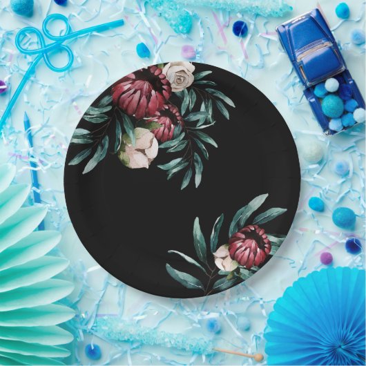 Zwart roze rozen achtergrond Elegant script Papieren Bordje (Feest)