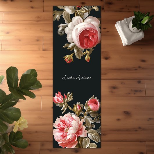 Zwart  Roze Rozen Bloemen Elegante Stijl Yogamat
