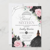 Zwart Roze Rozen Bloemen Prinses Zoet 16 Zilver Kaart (Voorkant)