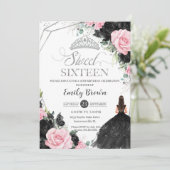 Zwart Roze Rozen Bloemen Prinses Zoet 16 Zilver Kaart (Staand voorkant)