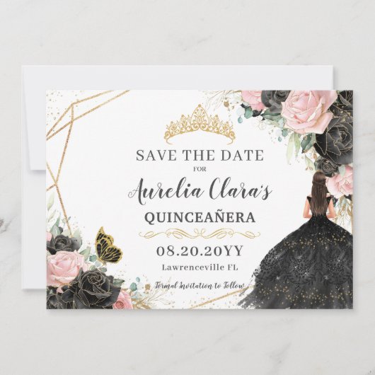 Zwart Roze Rozen Bloemen Quinceanera Sweet Sixteen Save The Date (Voorkant)