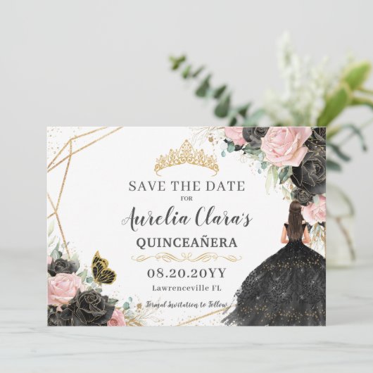 Zwart Roze Rozen Bloemen Quinceanera Sweet Sixteen Save The Date (Staand voorkant)