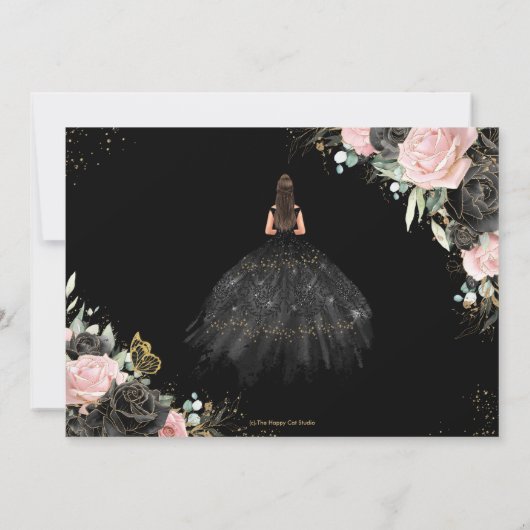Zwart Roze Rozen Bloemen Quinceanera Sweet Sixteen Save The Date (Achterkant)