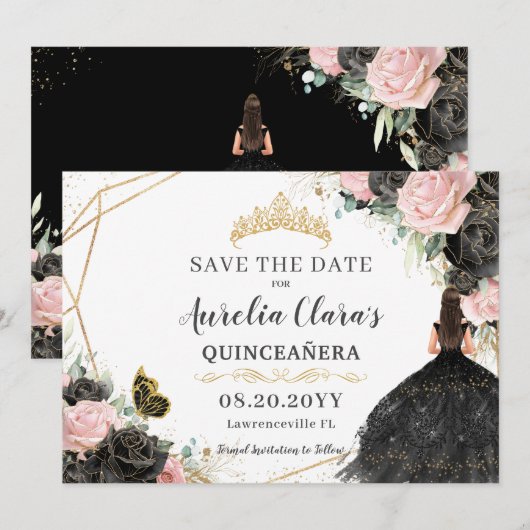 Zwart Roze Rozen Bloemen Quinceanera Sweet Sixteen Save The Date (Voorkant / Achterkant)