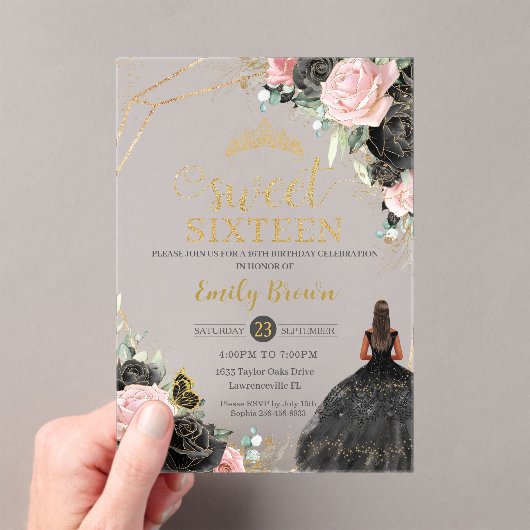 Zwart Roze Rozen Bloemen Tan Princess Sweet Sixtee Acryl Uitnodigingen (Insitu (Draagbaar))