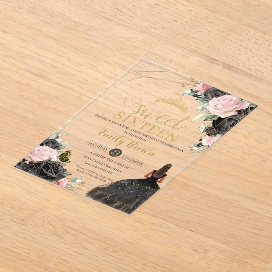 Zwart Roze Rozen Bloemen Tan Princess Sweet Sixtee Acryl Uitnodigingen (Laagn)