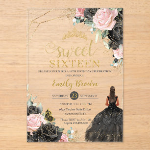 Zwart Roze Rozen Bloemen Tan Princess Sweet Sixtee Acryl Uitnodigingen