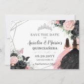 Zwart Roze Rozen Bloemen Twins Quinceanera Sweet 1 Save The Date (Voorkant)