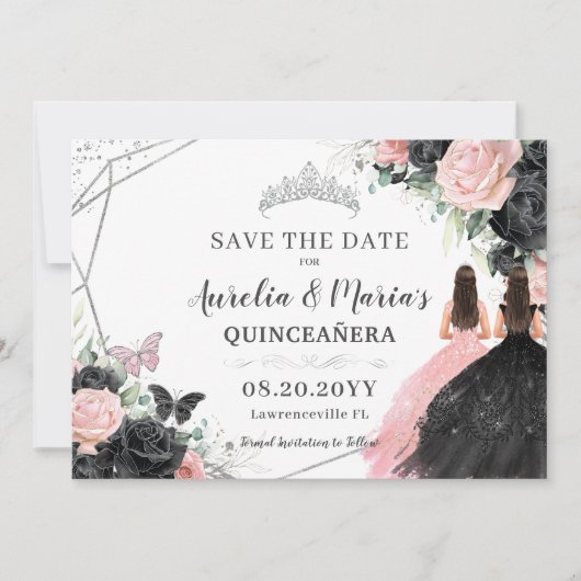 Zwart Roze Rozen Bloemen Twins Quinceanera Sweet 1 Save The Date (Voorkant)