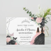 Zwart Roze Rozen Bloemen Twins Quinceanera Sweet 1 Save The Date (Staand voorkant)