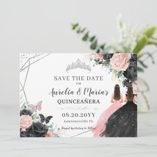 Zwart Roze Rozen Bloemen Twins Quinceanera Sweet 1 Save The Date (Staand voorkant)