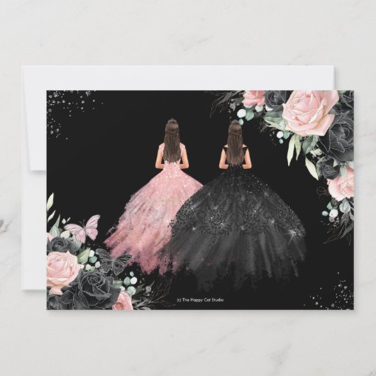 Zwart Roze Rozen Bloemen Twins Quinceanera Sweet 1 Save The Date (Achterkant)