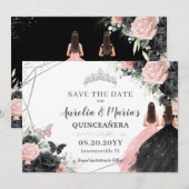 Zwart Roze Rozen Bloemen Twins Quinceanera Sweet 1 Save The Date (Voorkant / Achterkant)
