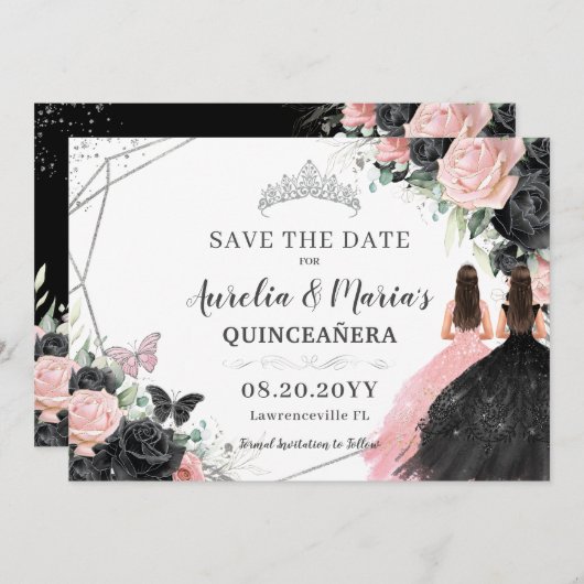 Zwart Roze Rozen Bloemen Twins Quinceanera Sweet 1 Save The Date (Voorkant / Achterkant)
