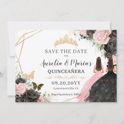 Zwart Roze Rozen Bloemen Twins Quinceanera Sweet 1 Save The Date (Voorkant)