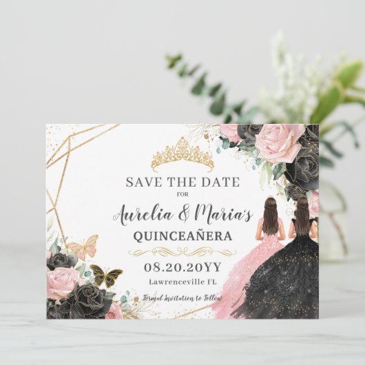Zwart Roze Rozen Bloemen Twins Quinceanera Sweet 1 Save The Date (Staand voorkant)
