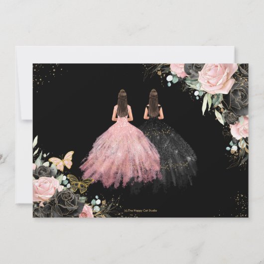 Zwart Roze Rozen Bloemen Twins Quinceanera Sweet 1 Save The Date (Achterkant)