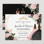 Zwart Roze Rozen Bloemen Twins Quinceanera Sweet 1 Save The Date (Voorkant / Achterkant)