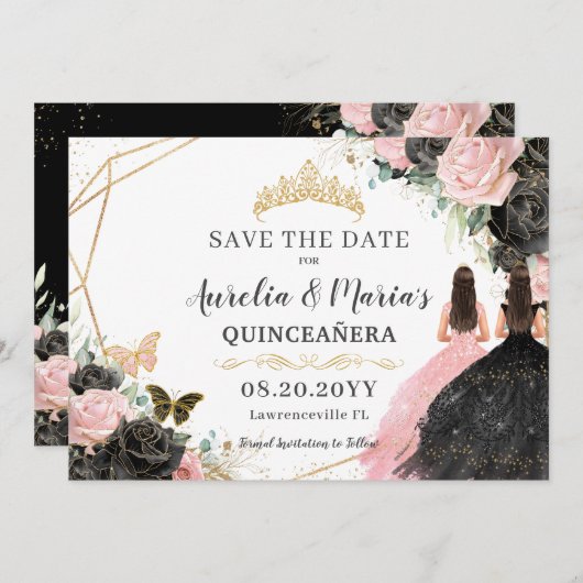 Zwart Roze Rozen Bloemen Twins Quinceanera Sweet 1 Save The Date (Voorkant / Achterkant)