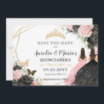 Zwart Roze Rozen Bloemen Twins Quinceanera Sweet 1 Save The Date<br><div class="desc">Klik op de knop Bewerken met ontwerpgereedschappen om de tekst, de tekst, de tekst, de lettertypestijl, de tekengrootte en de kleur van het lettertype verder te bewerken, meer tekst toe te voegen, afbeeldingen te verplaatsen of te verwijderen. De vlinders, kweepmeisjes, kroon zijn beweegbaar, resizable, multipliable en verwijderbaar. Overeenkomende objecten beschikbaar...</div>