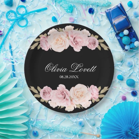 Zwart Roze Rozen Chic Bruiloftsfeest Papieren Bordje (Feest)