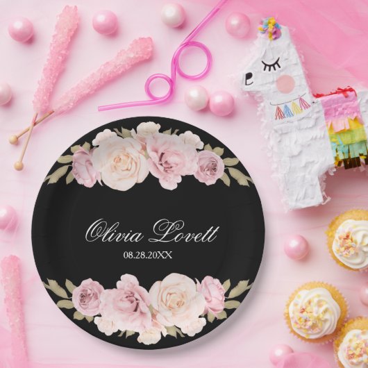 Zwart Roze Rozen Chic Bruiloftsfeest Papieren Bordje (Feest)
