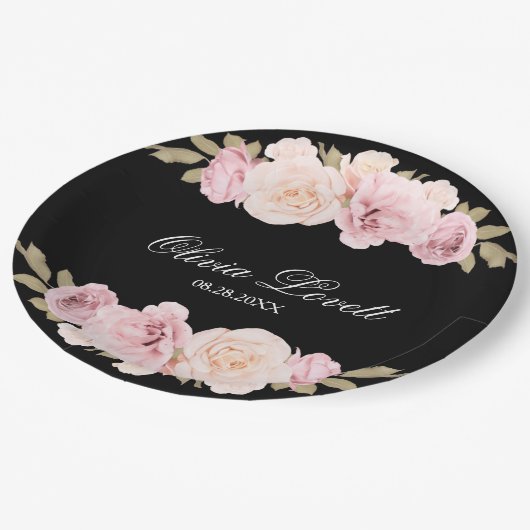 Zwart Roze Rozen Chic Bruiloftsfeest Papieren Bordje (Gekanteld)