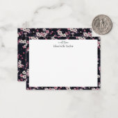 Zwart Roze Sakura Bloemen, Patroon Design Notitiekaartje (Voorkant / Achterkant in situ)