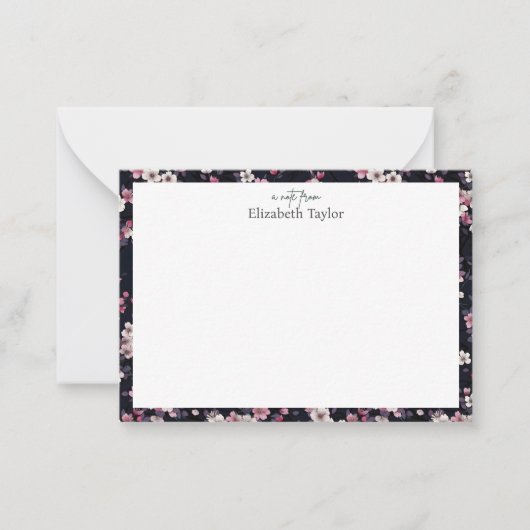 Zwart Roze Sakura Bloemen, Patroon Design Notitiekaartje (Voorkant)