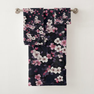 Zwart Roze Sakura Bloemen, Patroonontwerp, Bad Handdoek