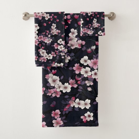 Zwart Roze Sakura Bloemen, Patroonontwerp, Bad Handdoek (Insitu)