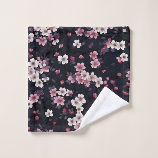 Zwart Roze Sakura Bloemen, Patroonontwerp, Bad Handdoek (Wasdoekje)