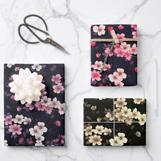 Zwart Roze Sakura Bloemen, Patroonontwerp, Inpakpapier Vel (Voorkant)
