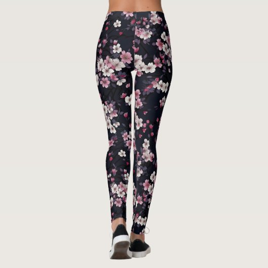Zwart Roze Sakura Bloemen, Patroonontwerp, Leggings (Achterkant)