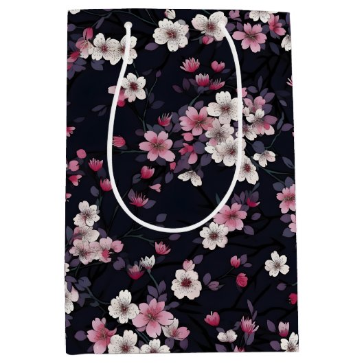 Zwart Roze Sakura Bloemen, Patroonontwerp, Medium Cadeauzakje (Voorkant)
