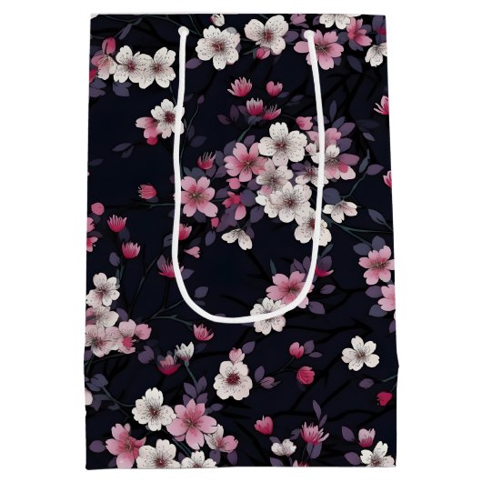 Zwart Roze Sakura Bloemen, Patroonontwerp, Medium Cadeauzakje (Achterkant)
