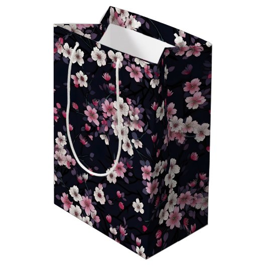 Zwart Roze Sakura Bloemen, Patroonontwerp, Medium Cadeauzakje (Achterkant Gekanteld)