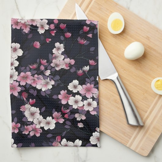 Zwart Roze Sakura Bloemen, Patroonontwerp, Theedoek (Quarter Fold)