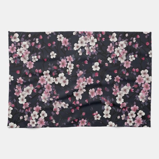 Zwart Roze Sakura Bloemen, Patroonontwerp, Theedoek (Horizontaal)