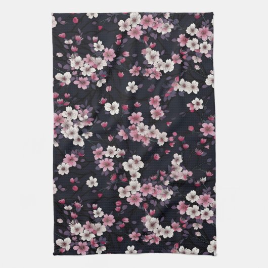 Zwart Roze Sakura Bloemen, Patroonontwerp, Theedoek (Verticaal)