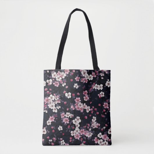 Zwart Roze Sakura Bloemen, Patroonontwerp, Tote Bag (Voorkant)