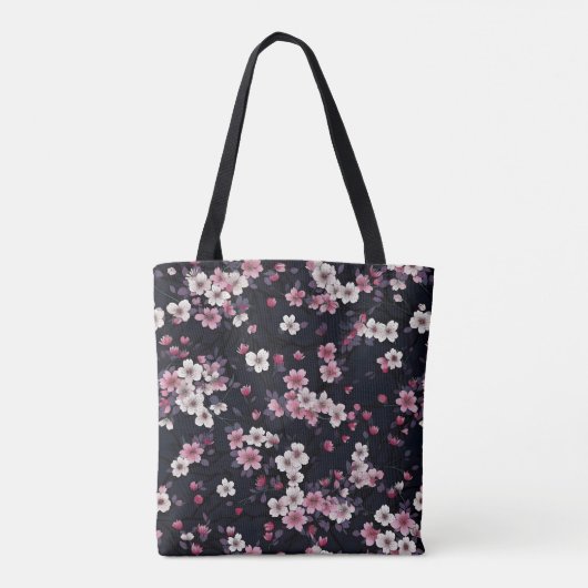 Zwart Roze Sakura Bloemen, Patroonontwerp, Tote Bag (Achterkant)