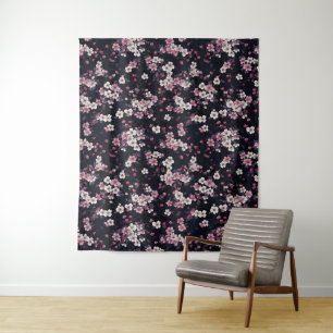 Zwart Roze Sakura Bloemen, Patroonontwerp, Wandkleed
