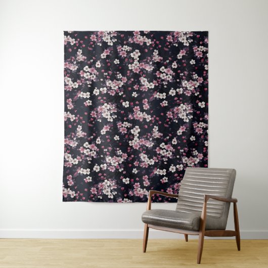 Zwart Roze Sakura Bloemen, Patroonontwerp, Wandkleed (In situ)
