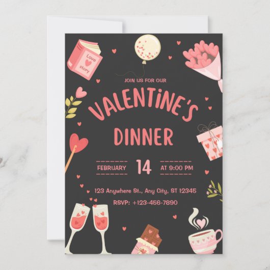 Zwart & Roze Schattige Valentijns Dinner Invite Kaart (Voorkant)