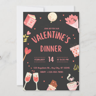 Zwart & Roze Schattige Valentijns Dinner Invite Kaart