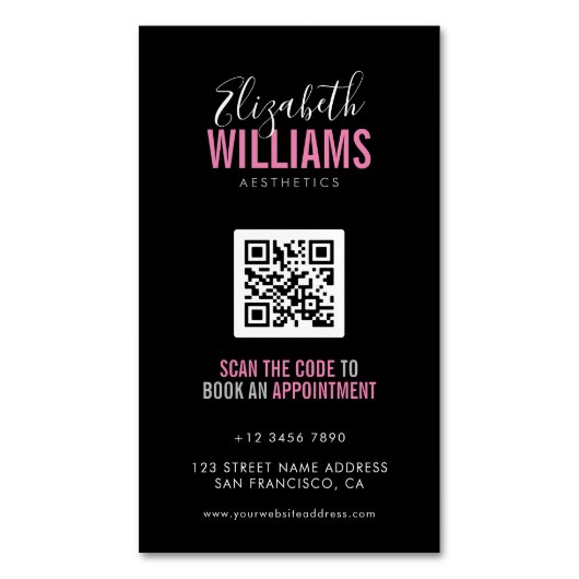Zwart Roze Schoonheidssalon QR Code Magnetisch Visitekaartje (Voorkant Verticaal)
