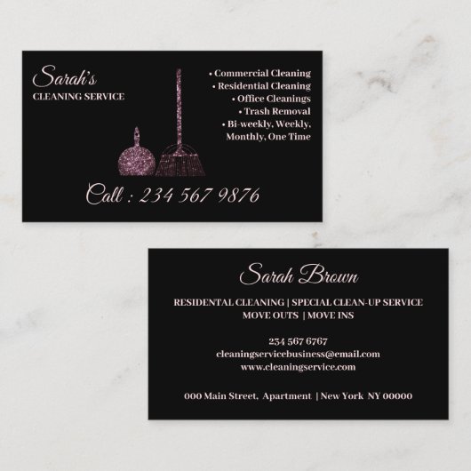 Zwart Roze Schoonmaakdienst Janitorial sparkle Visitekaartje (Voorkant / Achterkant)