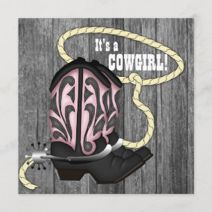Zwart Roze Schuur Hout Cowgirl Baby shower Kaart